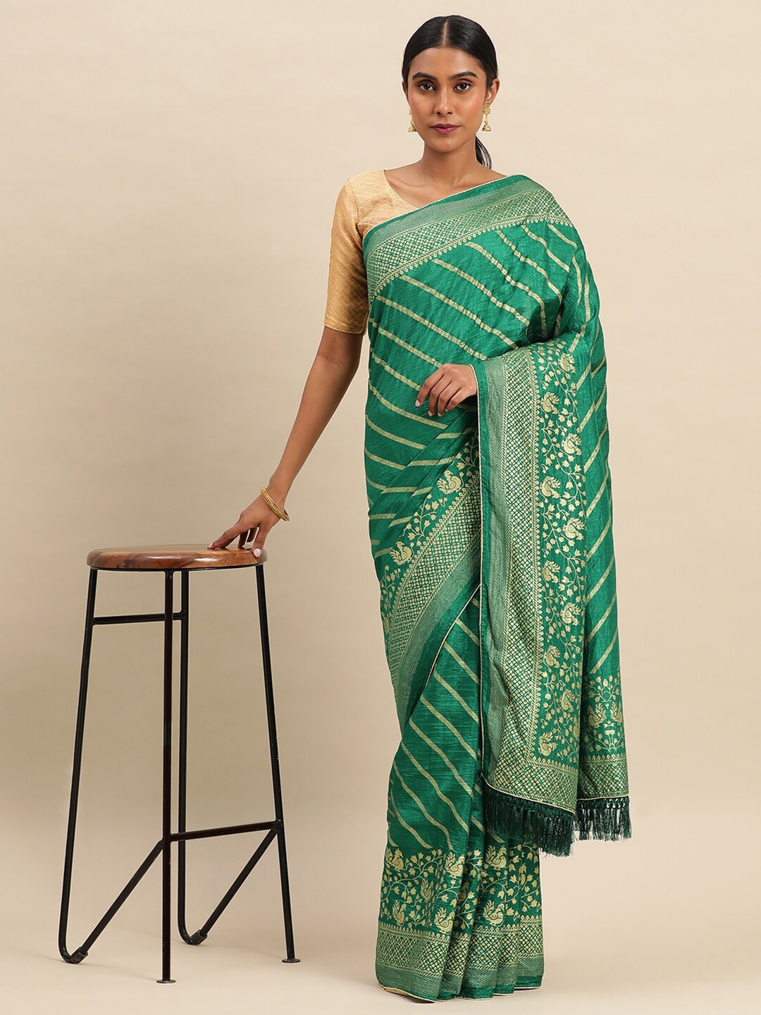 

KALINI Striped Foil Work Vichitra Silk Saree, Green