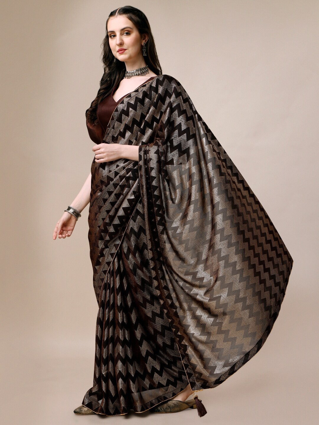 

KALINI Geometric Embellished Saree, Coffee brown