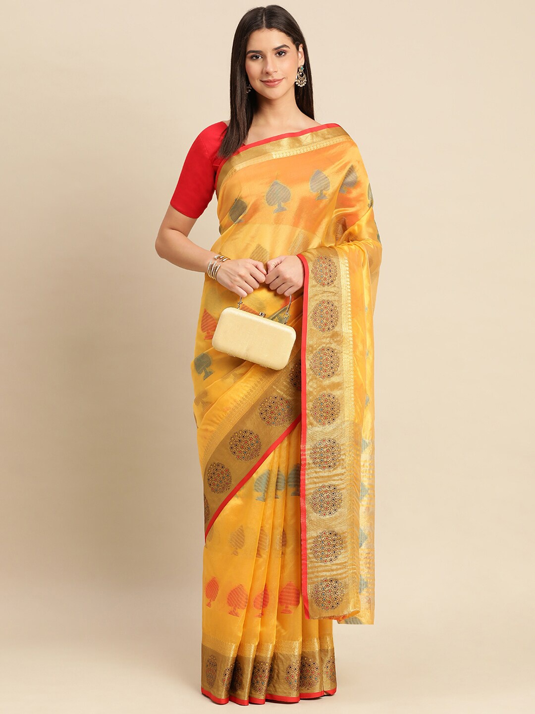 

KALINI Ethnic Motifs Woven Design Organza Saree, Gold