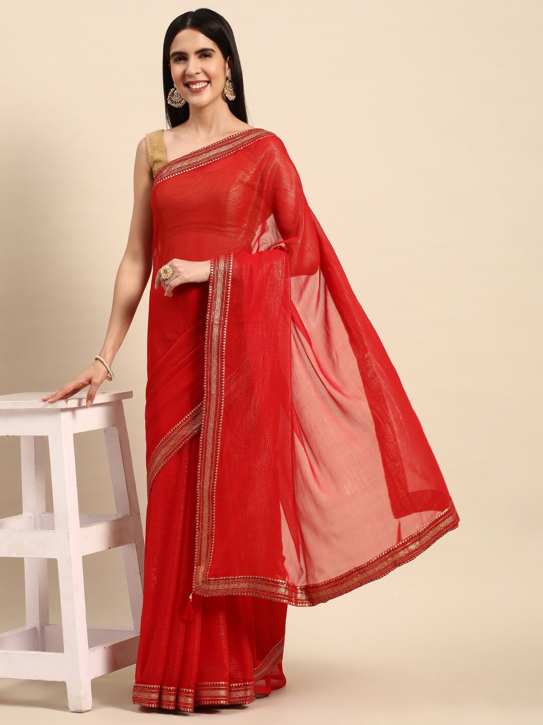 

KALINI Foil Work Zari Chiffon Georgette Saree, Red