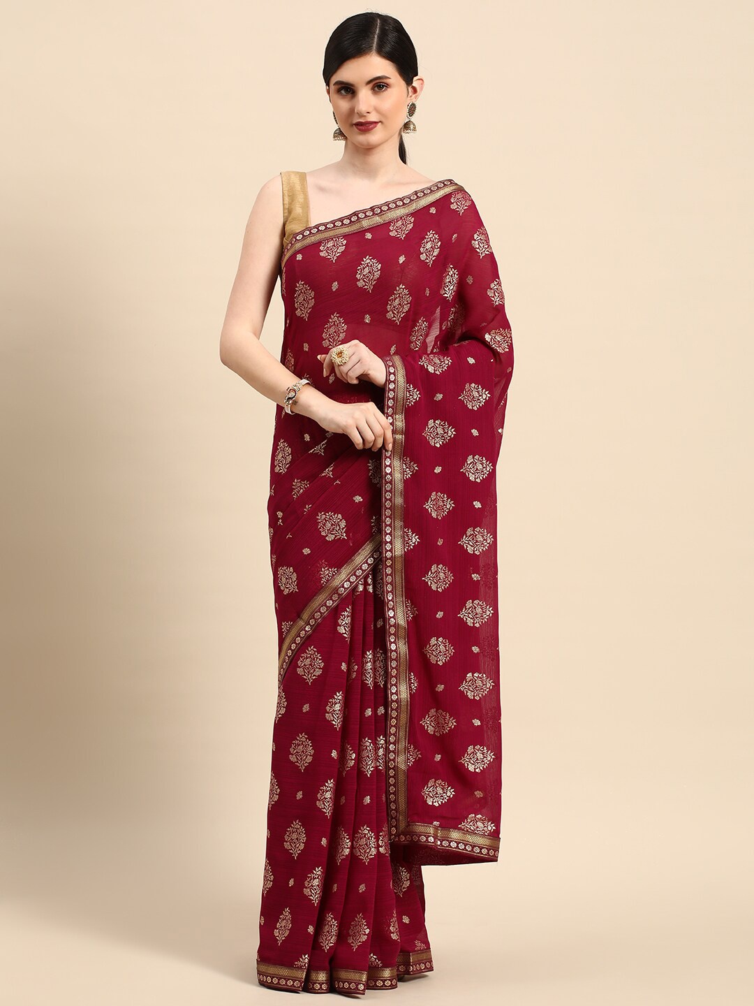 

KALINI Ethnic Motifs Printed Saree, Burgundy