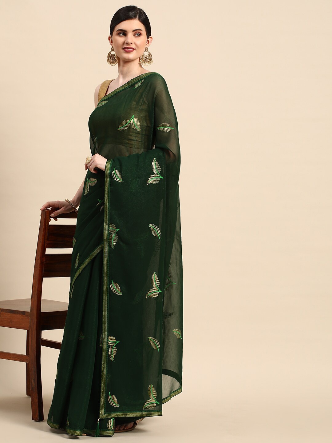 

KALINI Ethnic Motifs Embellished Saree, Green