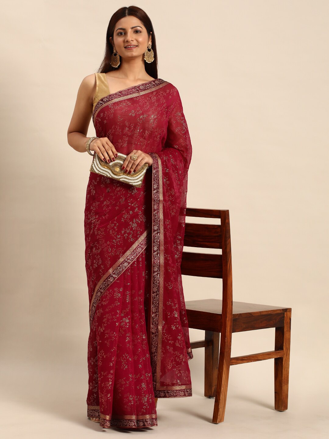 

KALINI Floral Foil Printed Saree, Maroon