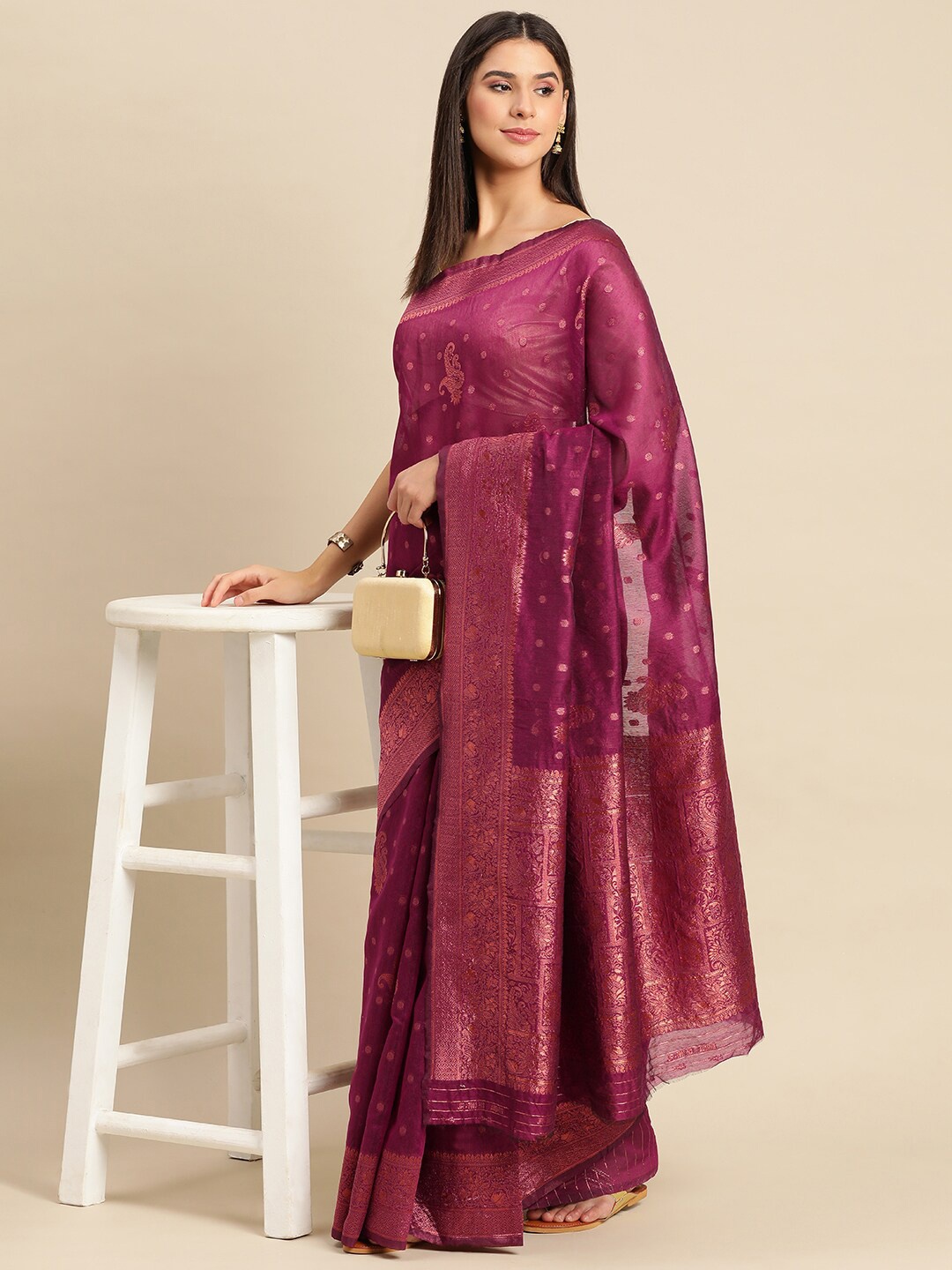 

KALINI Ethnic Motifs Woven Design Zari Organza Silk Saree, Purple