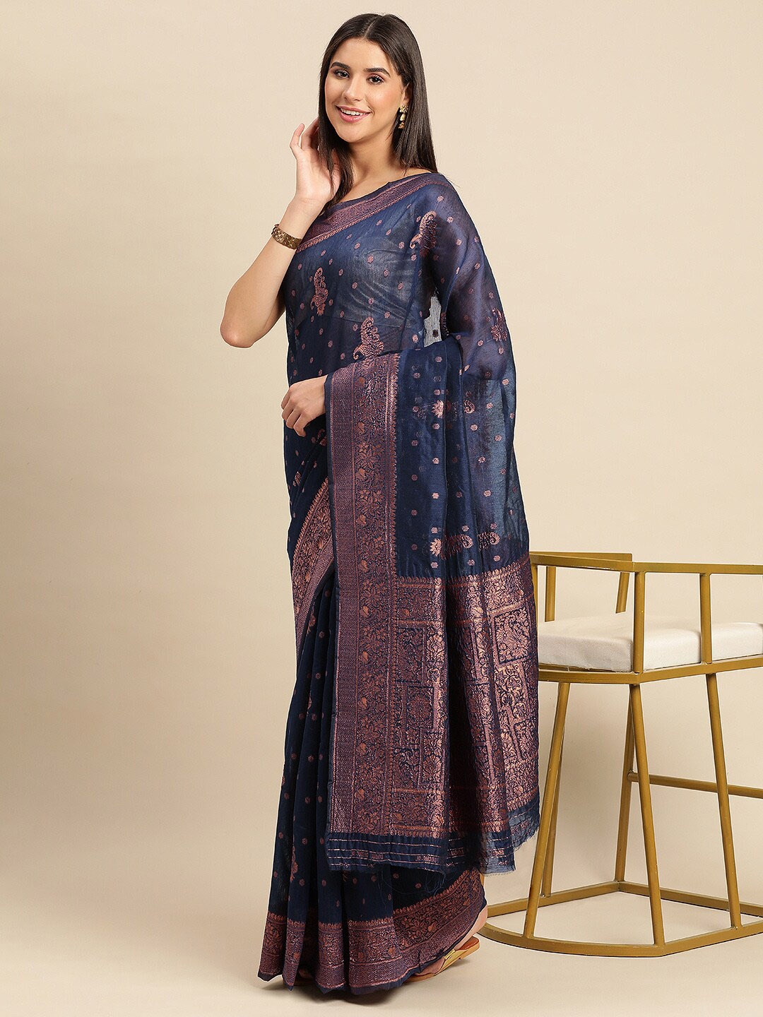 

KALINI Ethnic Motifs Woven Design Zari Organza Saree, Navy blue