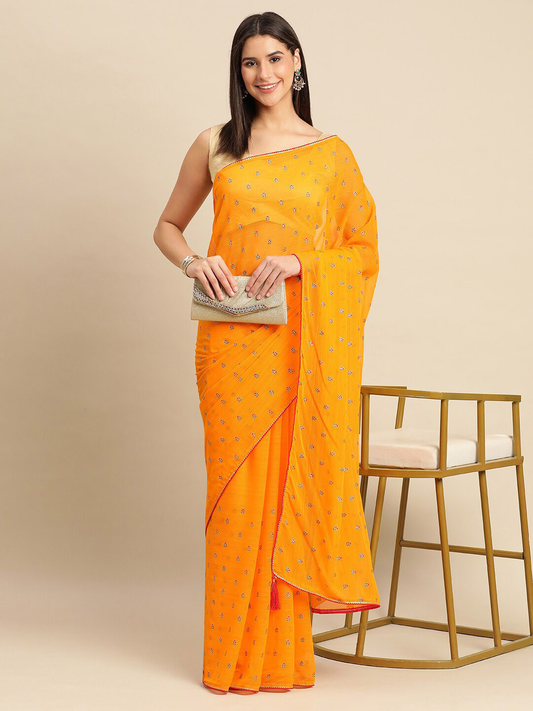 

KALINI Floral Printed Gotta Patti Saree, Orange