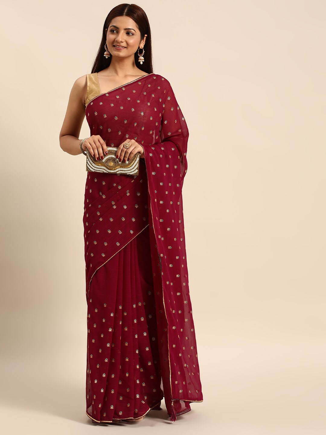 

KALINI Ethnic Motifs Printed Foil Work Gotta Patti Saree, Maroon