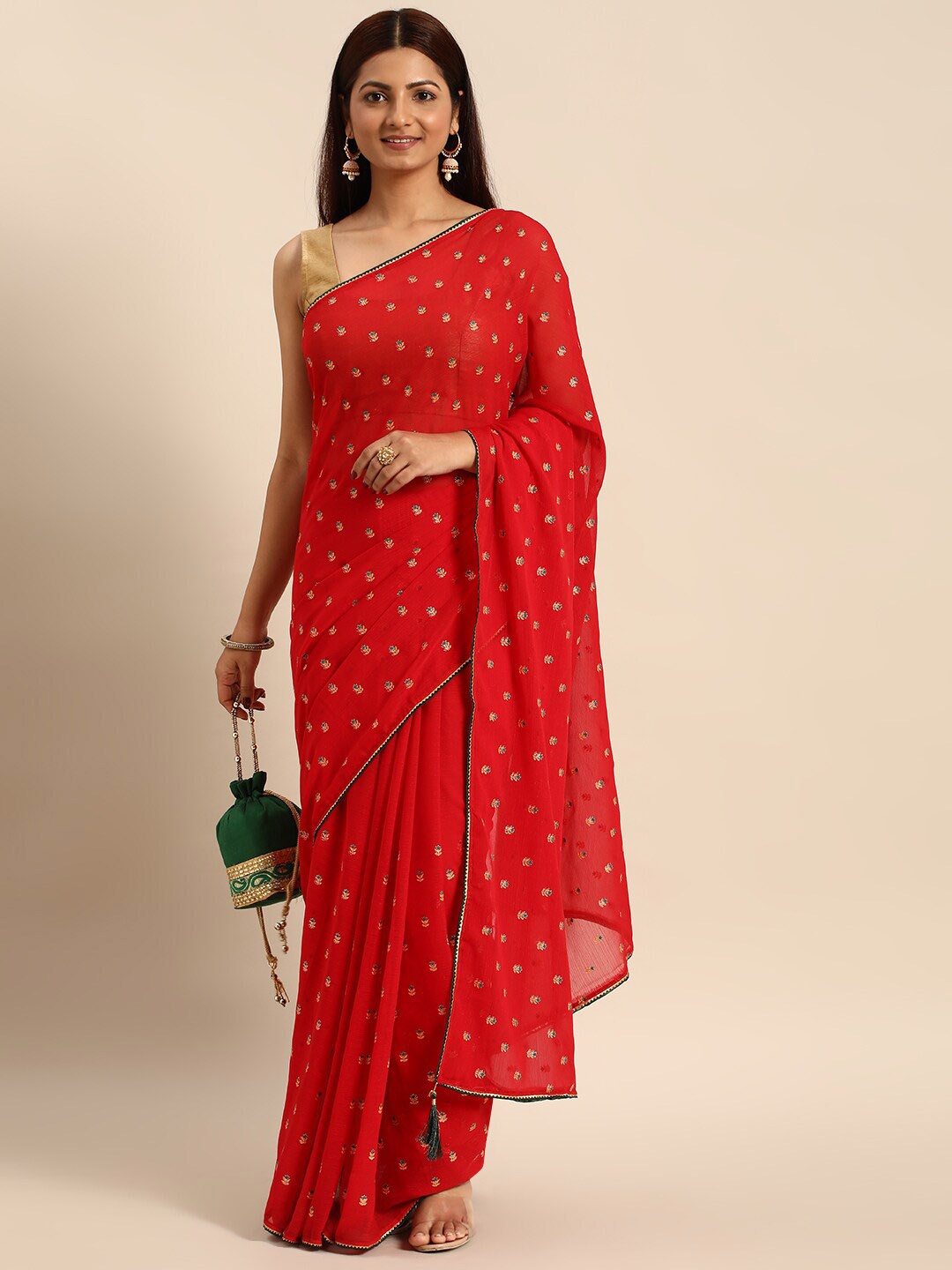 

KALINI Ethnic Motifs Printed Gotta Patti Detailed Saree, Red