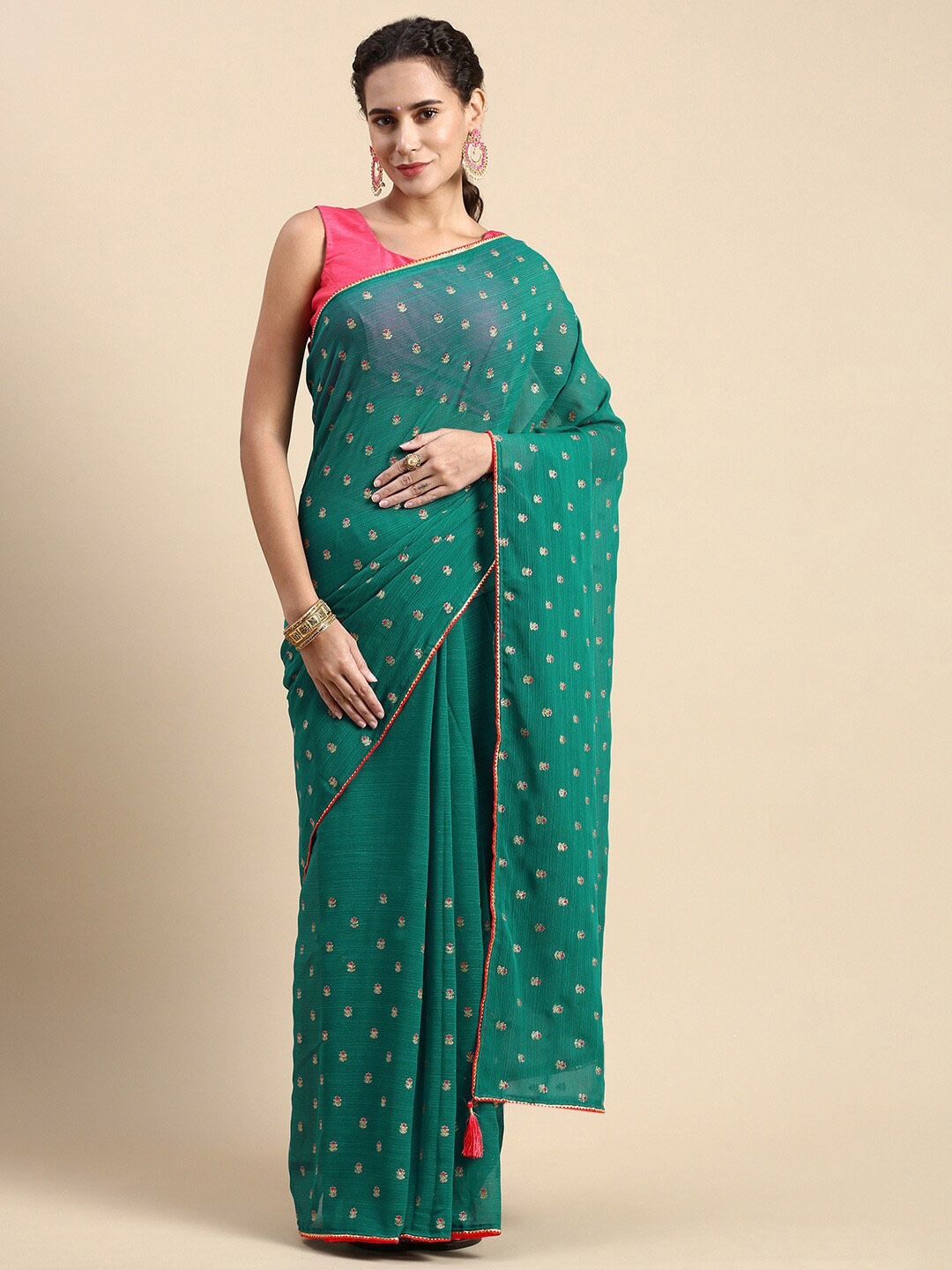 

KALINI Floral Printed Gotta Patti Saree, Turquoise blue