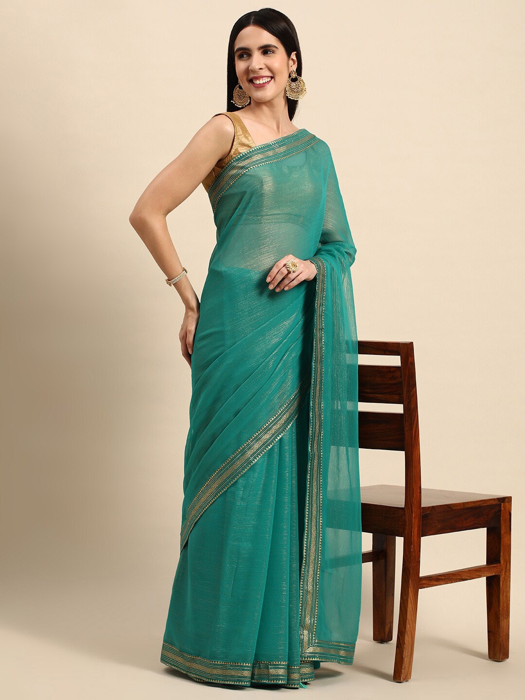 

KALINI Embellished Border Saree, Turquoise blue