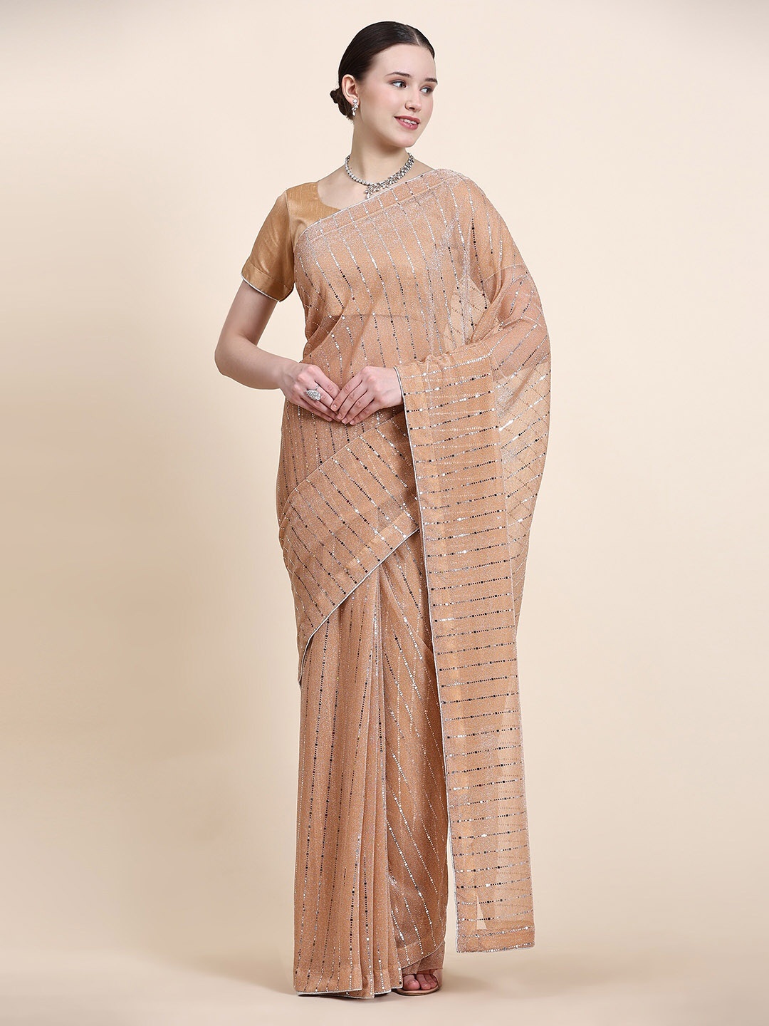 

KALINI Embellished Sequinned Lycra Saree, Peach