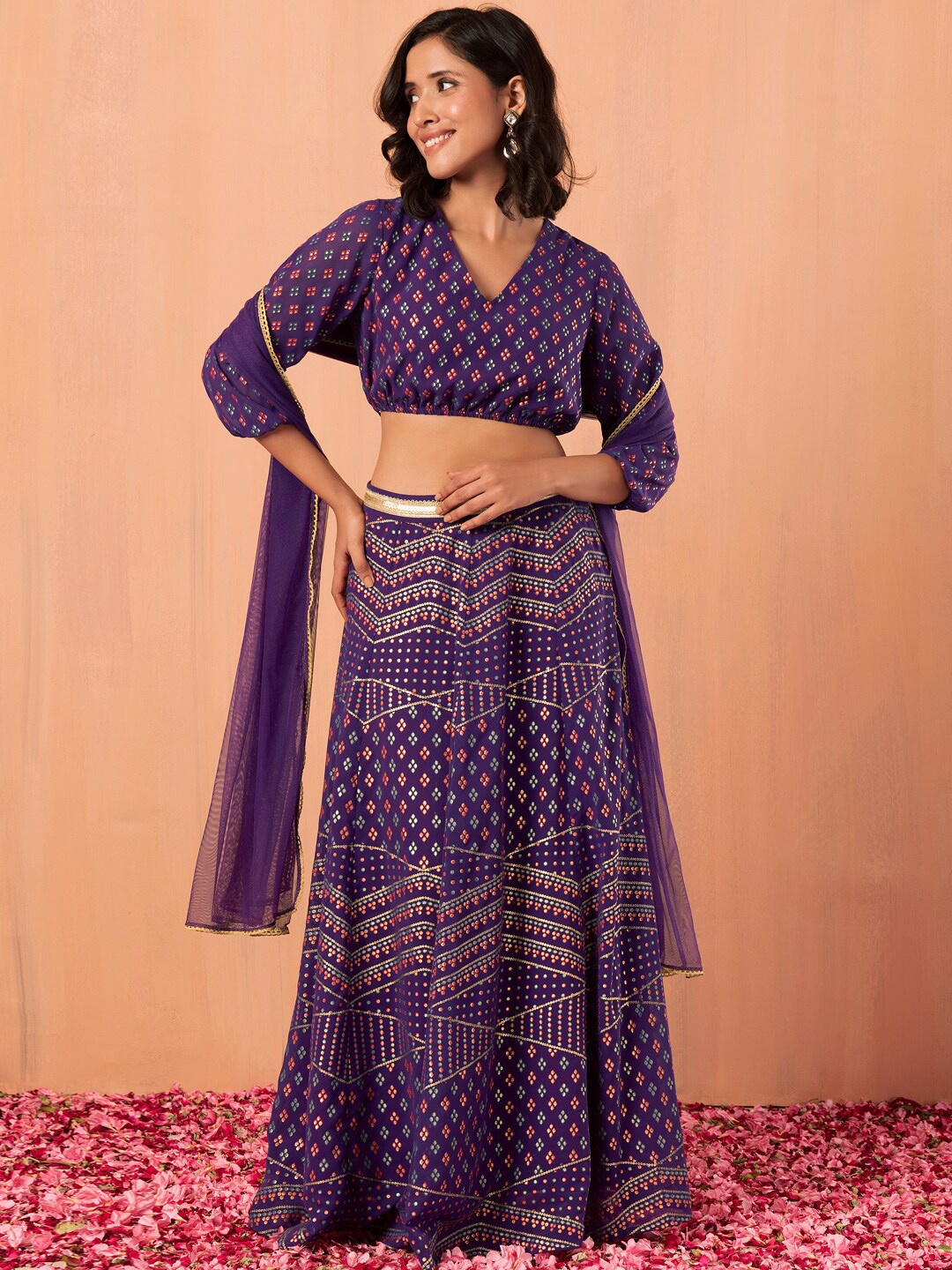 

INDYA Printed Ready To Wear Lehenga With Choli & Dupatta, Purple