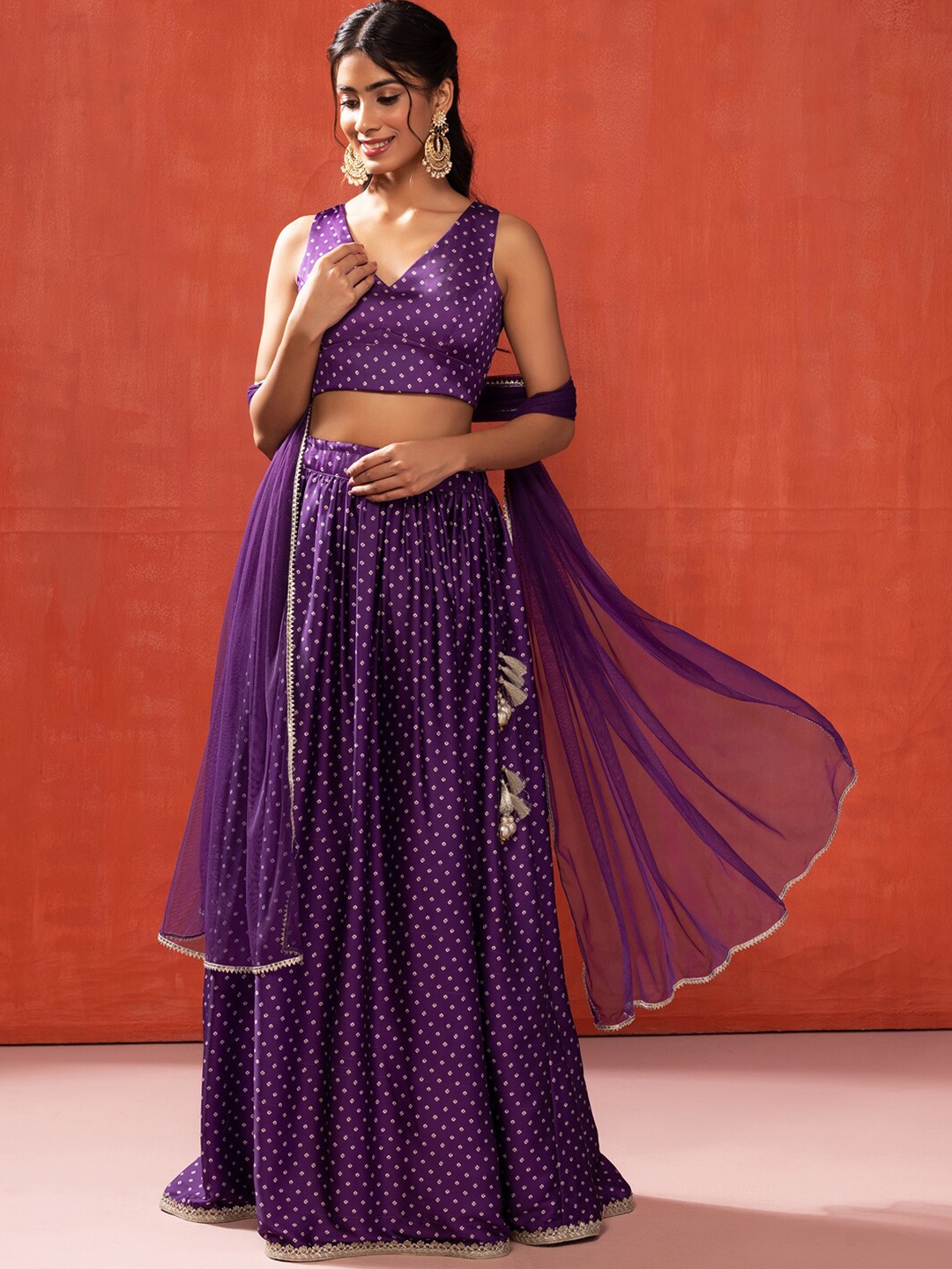 

INDYA Printed V-Neck Satin Ready to Wear Lehenga With Choli & Dupatta, Purple
