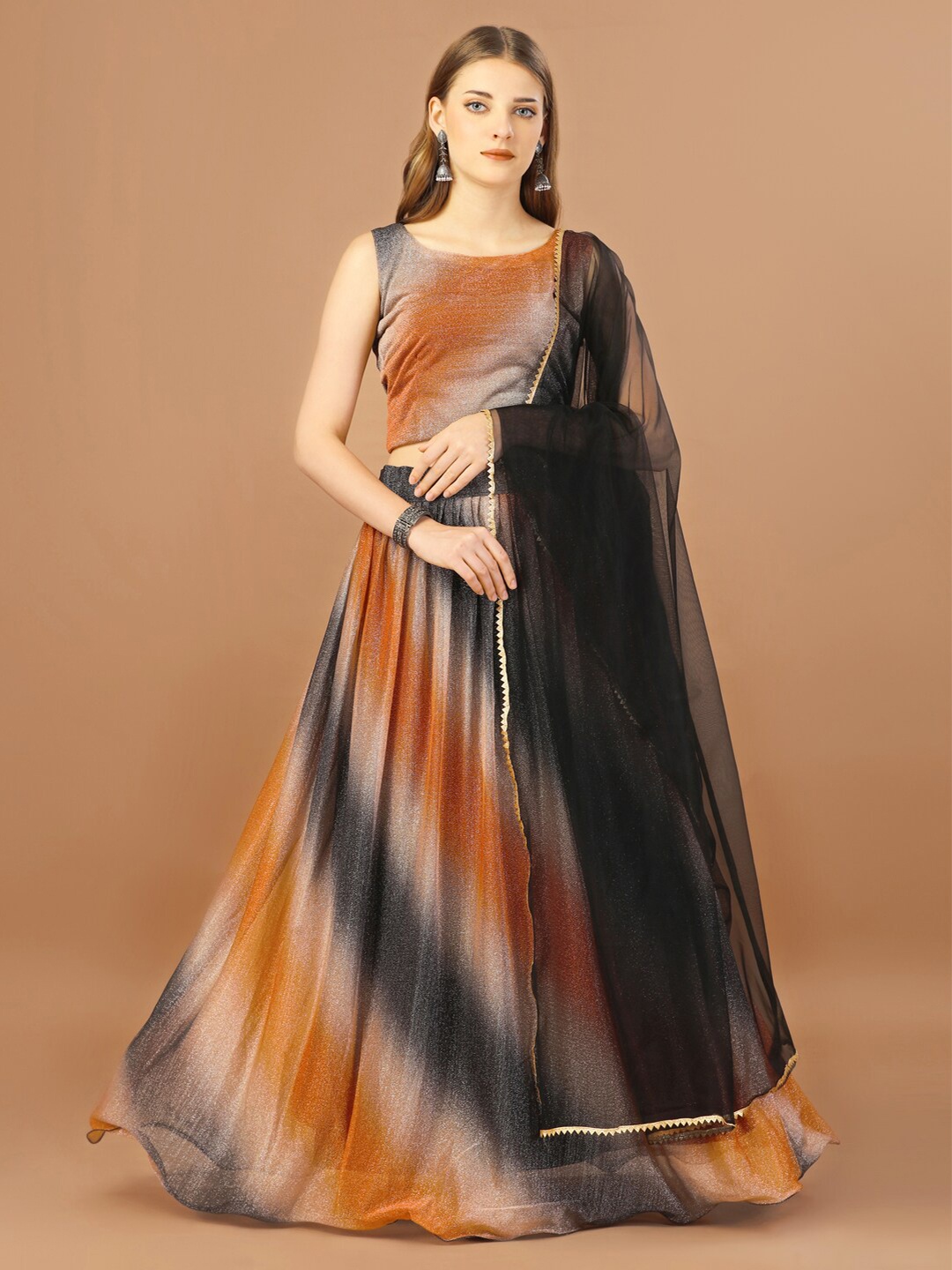 

Fab Dadu Printed Semi-Stitched Lehenga Choli With Dupatta, Orange