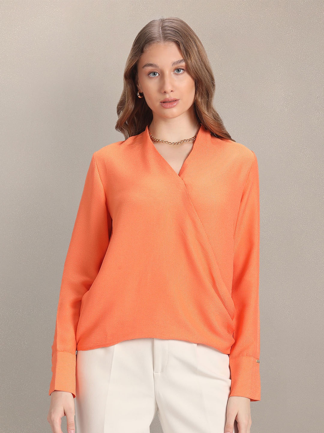 

U.S. Polo Assn. Women V-Neck Cuffed Sleeves Regular Top, Orange