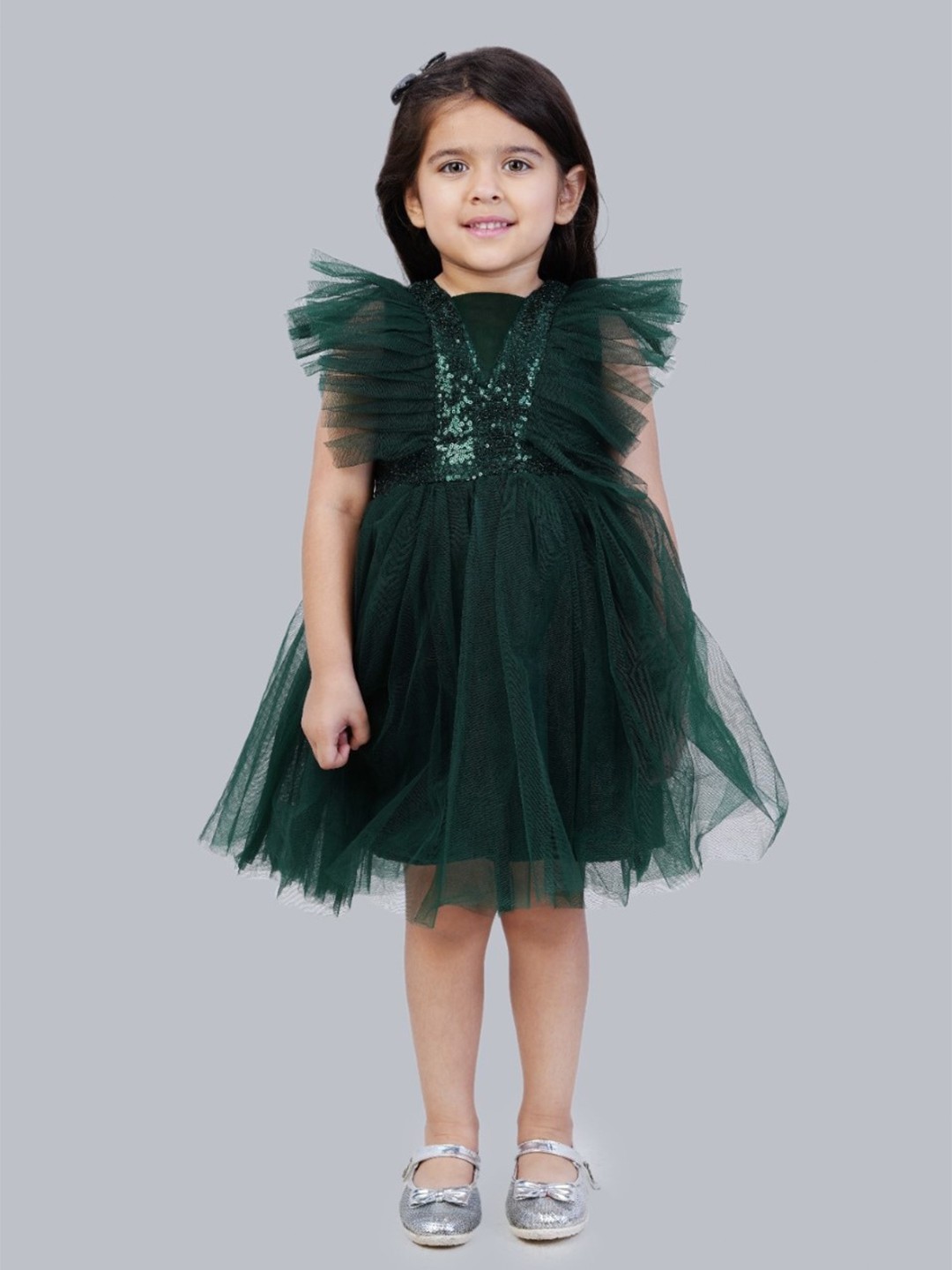 

Bella Moda Girls Embellished Flutter Sleeves Sequined Fit & Flare Dress, Green