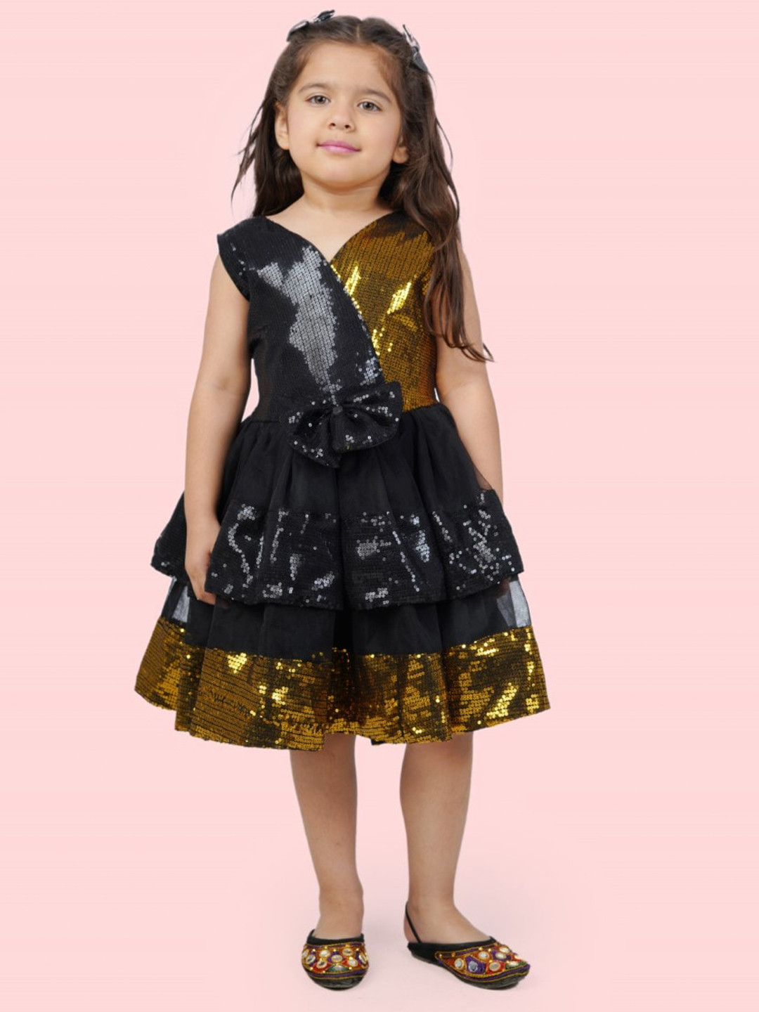 

Bella Moda Girls Embellished V-Neck Sequined Fit & Flare Dress, Gold