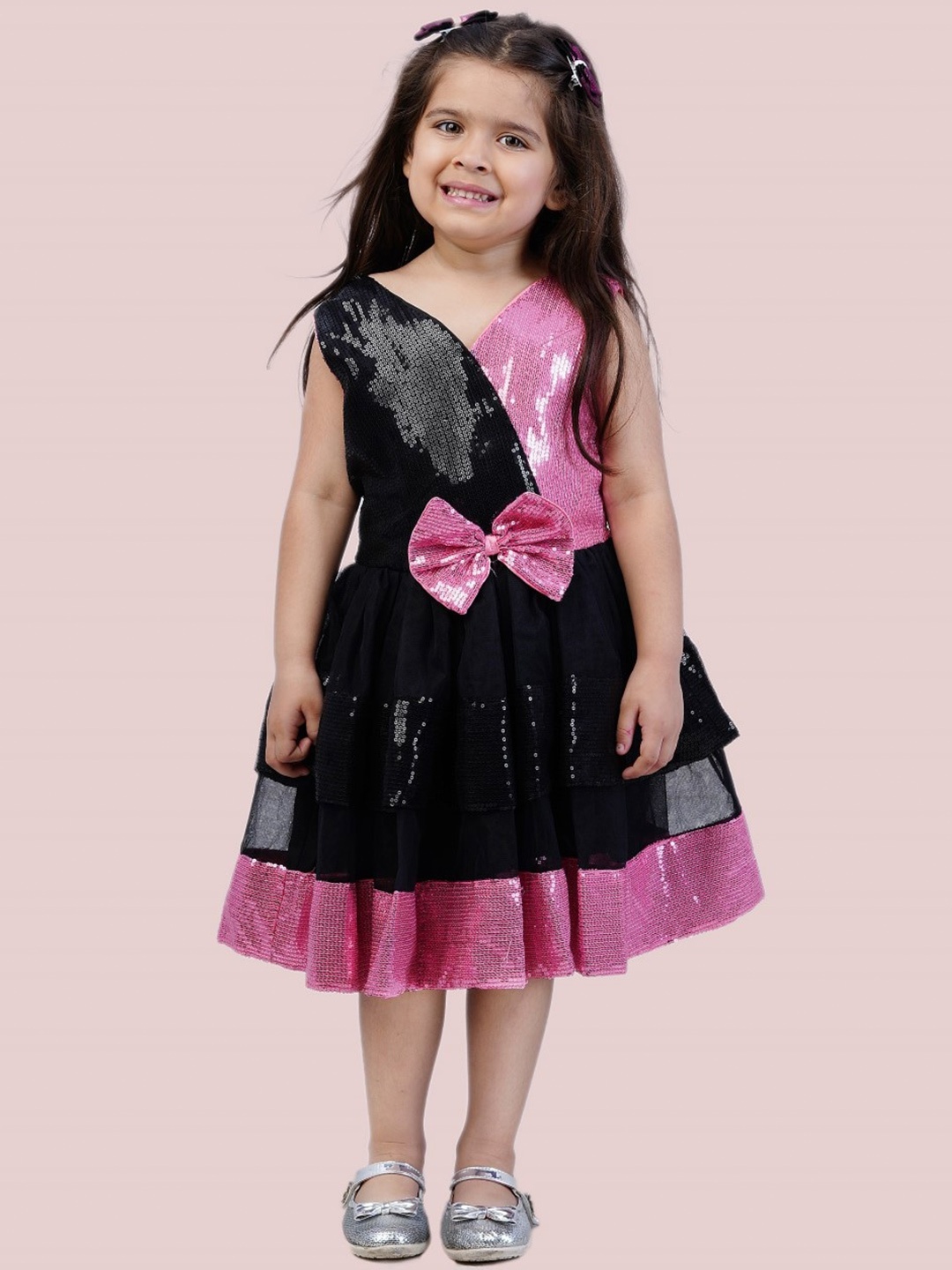 

Bella Moda Girls Embellished V-Neck Sequined Fit & Flare Dress, Pink