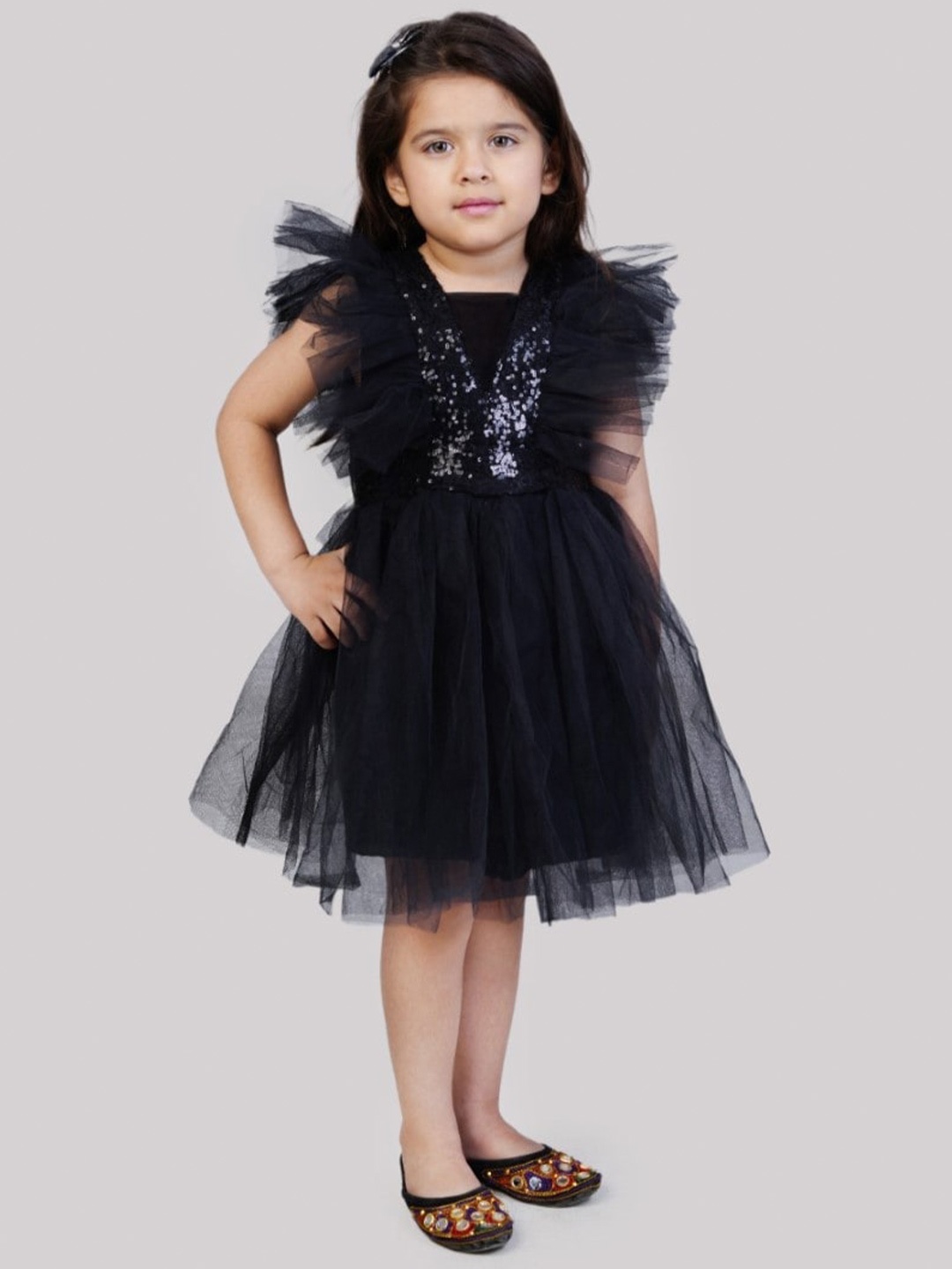 

Bella Moda Girls Square Neck Flutter Sleeves Gathered Detail Satin Fit and Flare Dress, Black