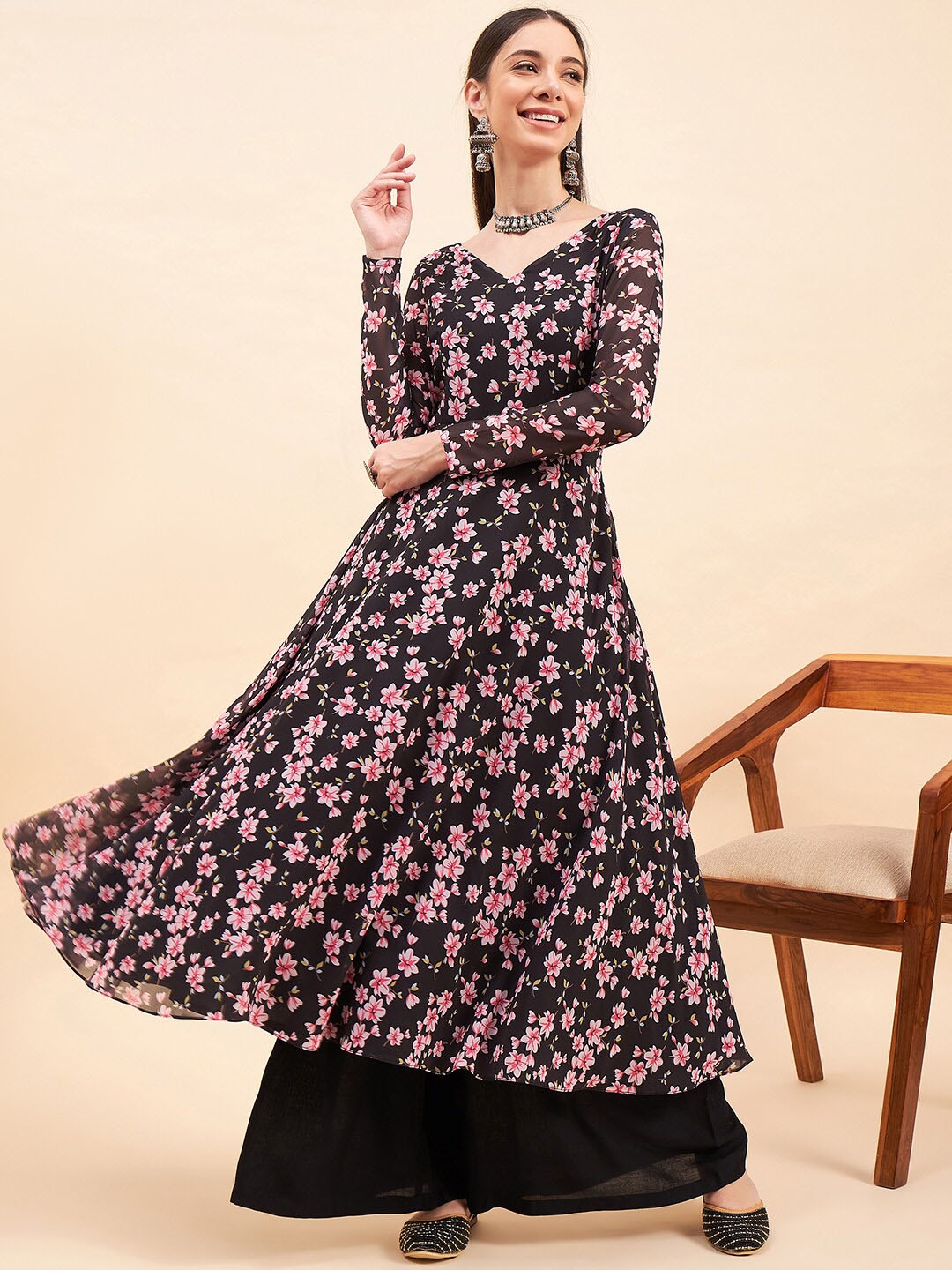 

KALINI Floral Printed V-Neck A-Line Kurta, Black