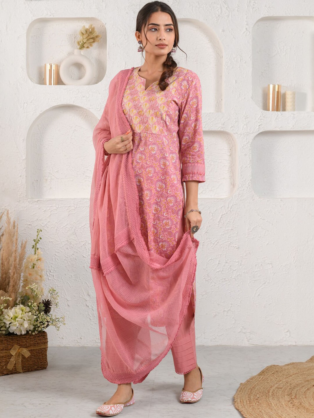 

Prakriti Jaipur Floral Printed Thread Work Kurta With Trousers & Dupatta, Pink