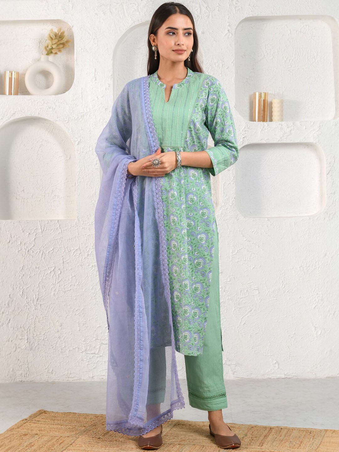 

Prakriti Jaipur Floral Printed Regular Sequined Kurta with Trousers & Dupatta, Green