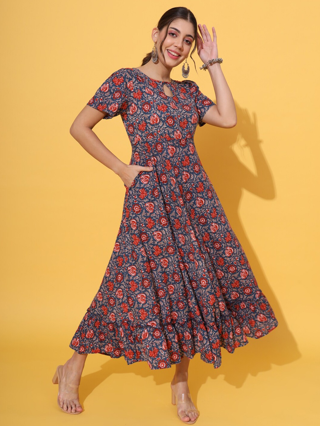 

DECKEDUP Floral Printed Keyhole Neck Gathered Tiered Cotton Maxi Dress, Blue