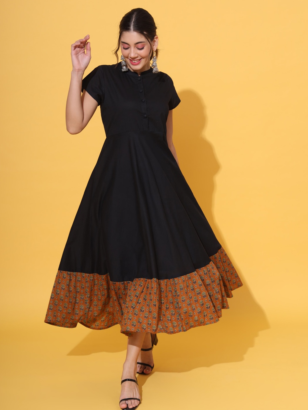 

DECKEDUP Mandarin Collar Gathered Cotton Fit & Flare Maxi Ethnic Dress, Black