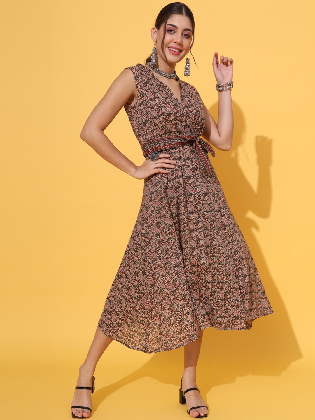 

DECKEDUP Floral Printed V-Neck Belted Cotton A-Line Midi Dress, Cream