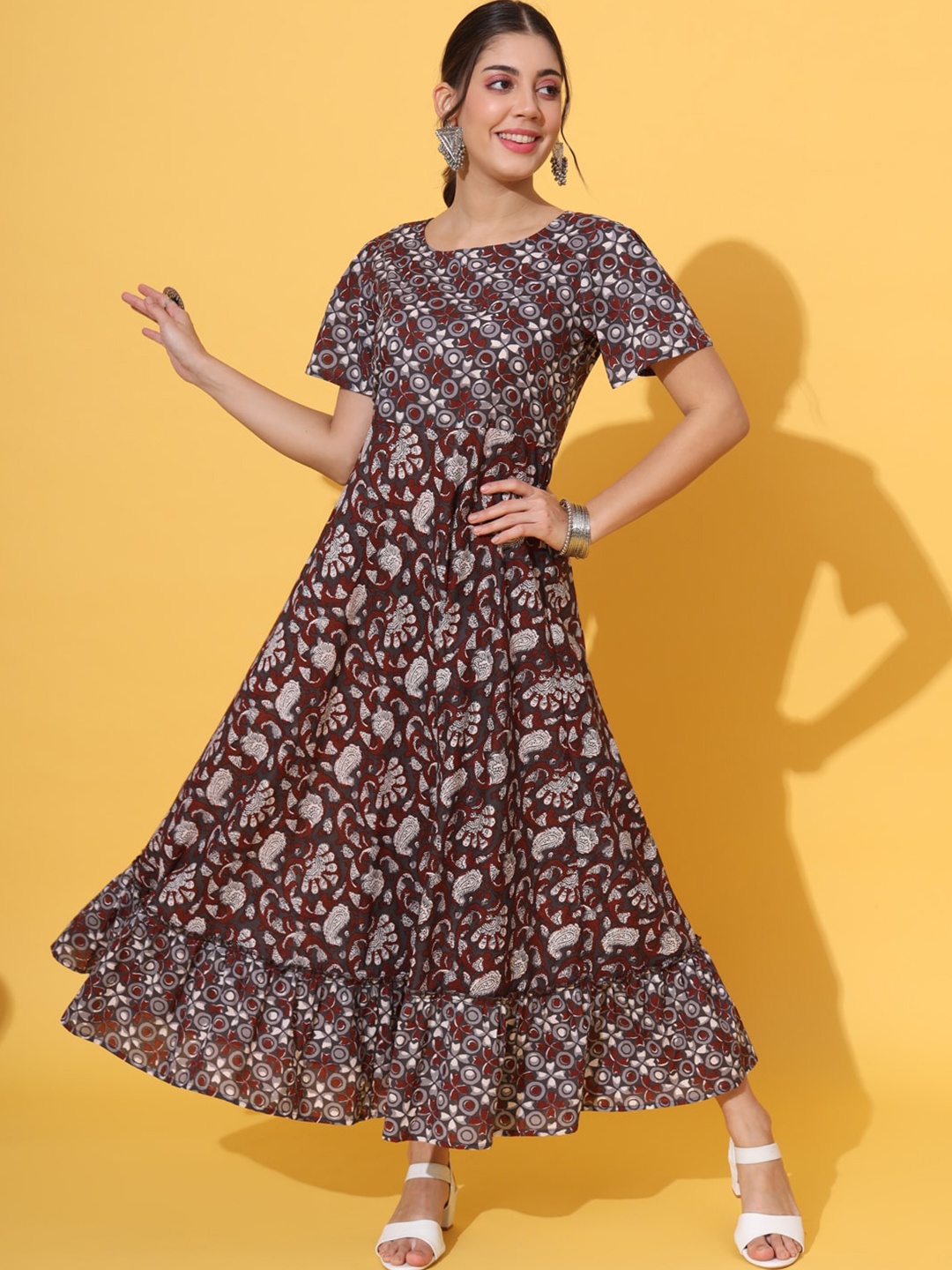 

DECKEDUP Ethnic Motifs Printed Round Neck Gathered Tiered Cotton Maxi Dress, Maroon