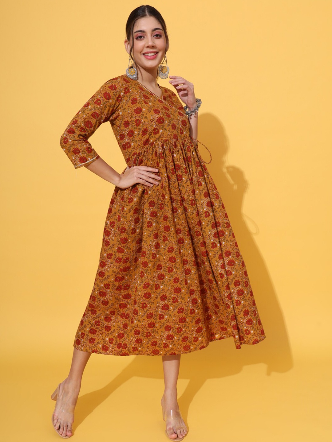 

DECKEDUP Floral Printed V-Neck Cotton Fit and Flare Midi Ethnic Dress, Mustard