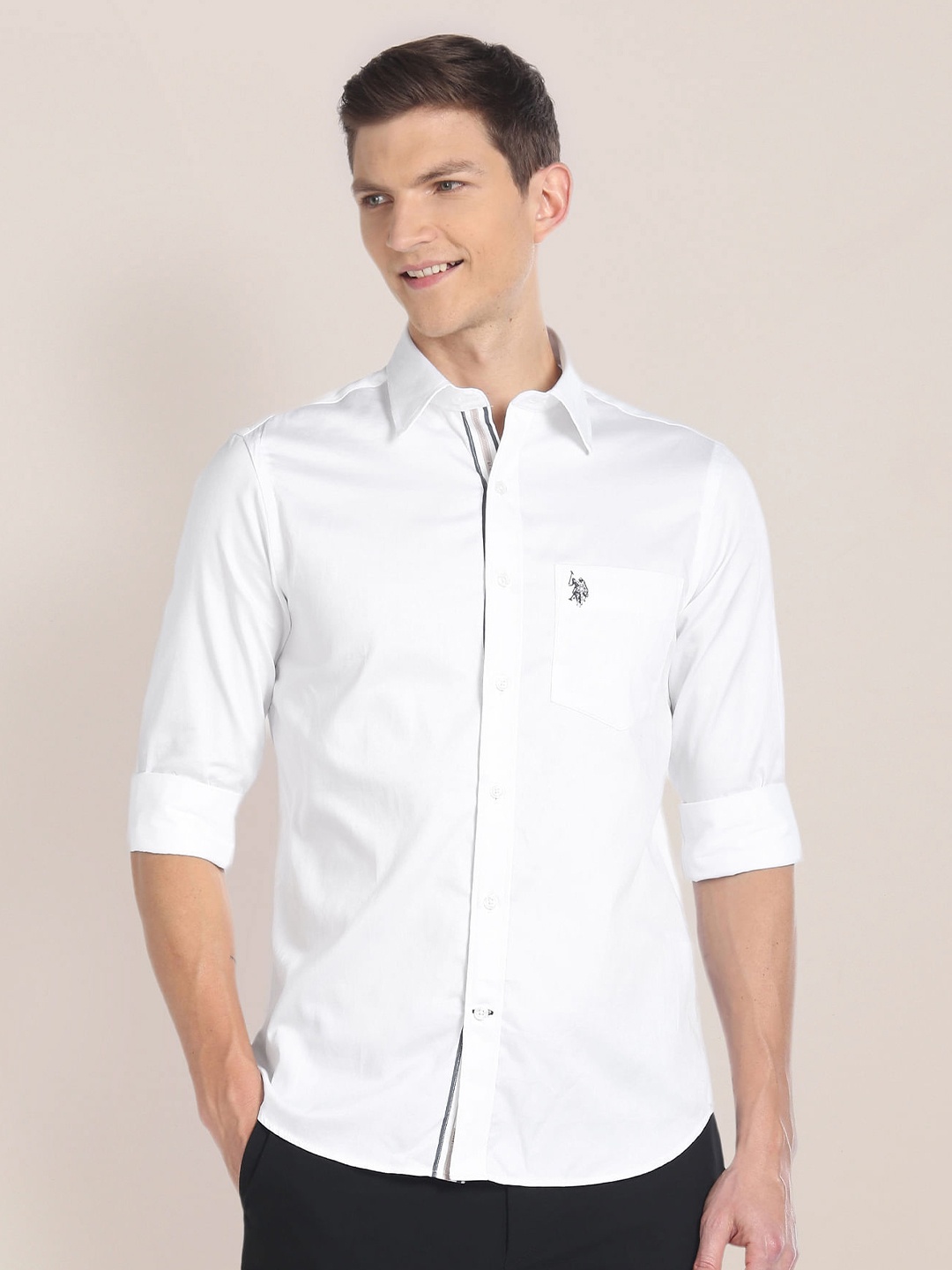 

U.S. Polo Assn. Cutaway Collar Long Sleeves Pure Cotton Casual Shirt, White