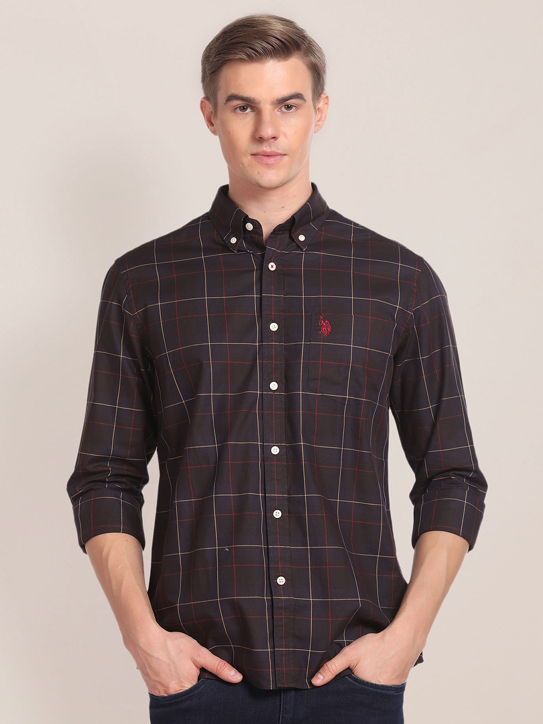 

U.S. Polo Assn. Windowpane Checked Pure Cotton Casual Shirt, Brown