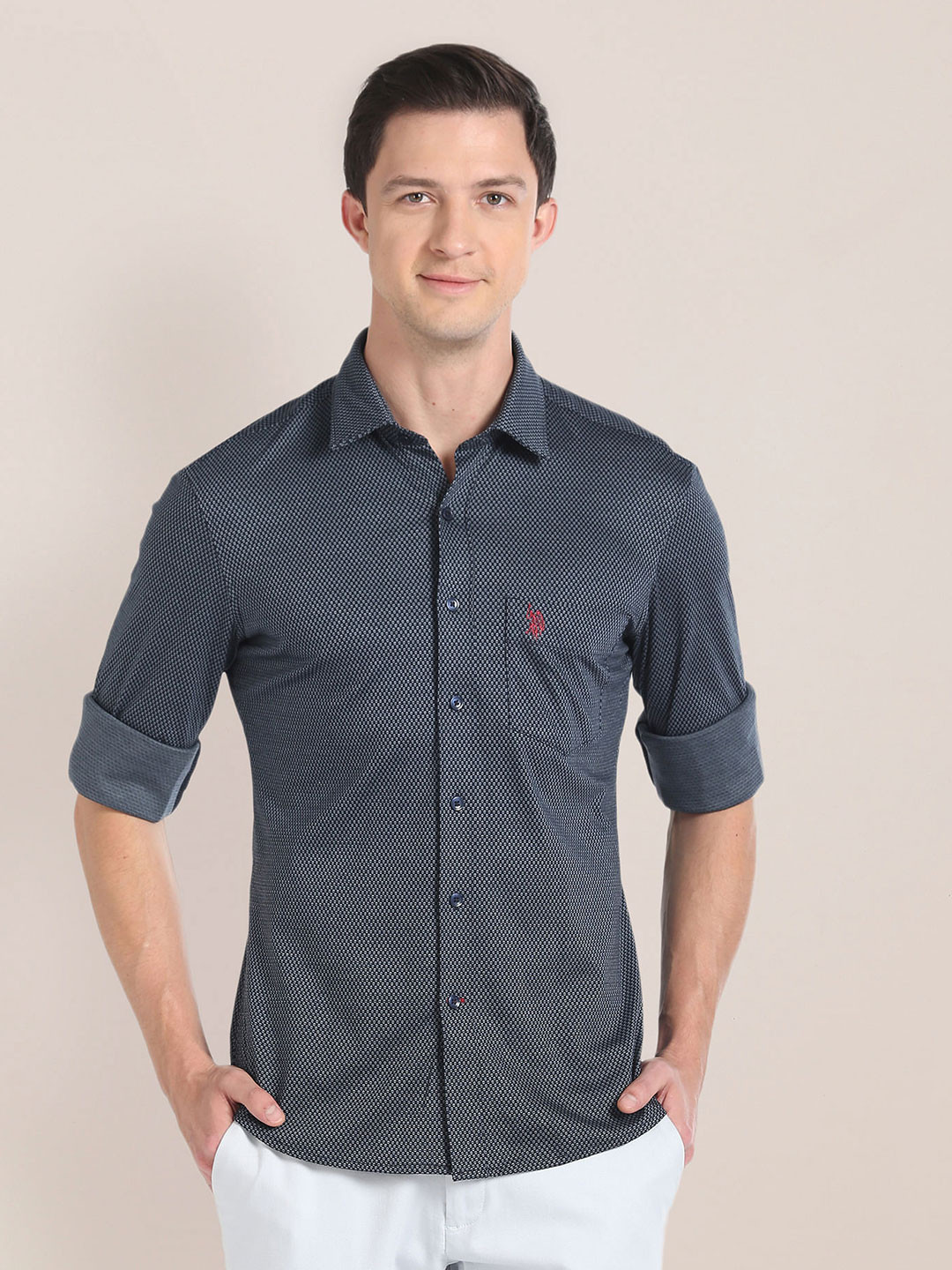 

U.S. Polo Assn. Geometric Printed Long Sleeves Pure Cotton Casual Shirt, Black