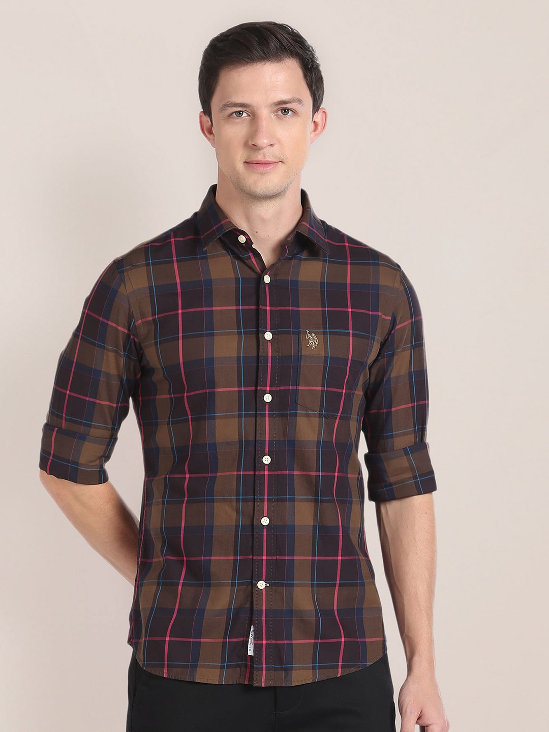 

U.S. Polo Assn. Tartan Checked Cutaway Collar Casual Shirt, Brown