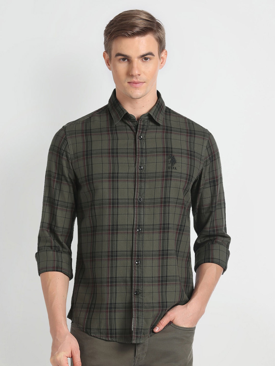

U.S. Polo Assn. Denim Co. Slim Fit Tartan Checked Casual Shirt, Olive