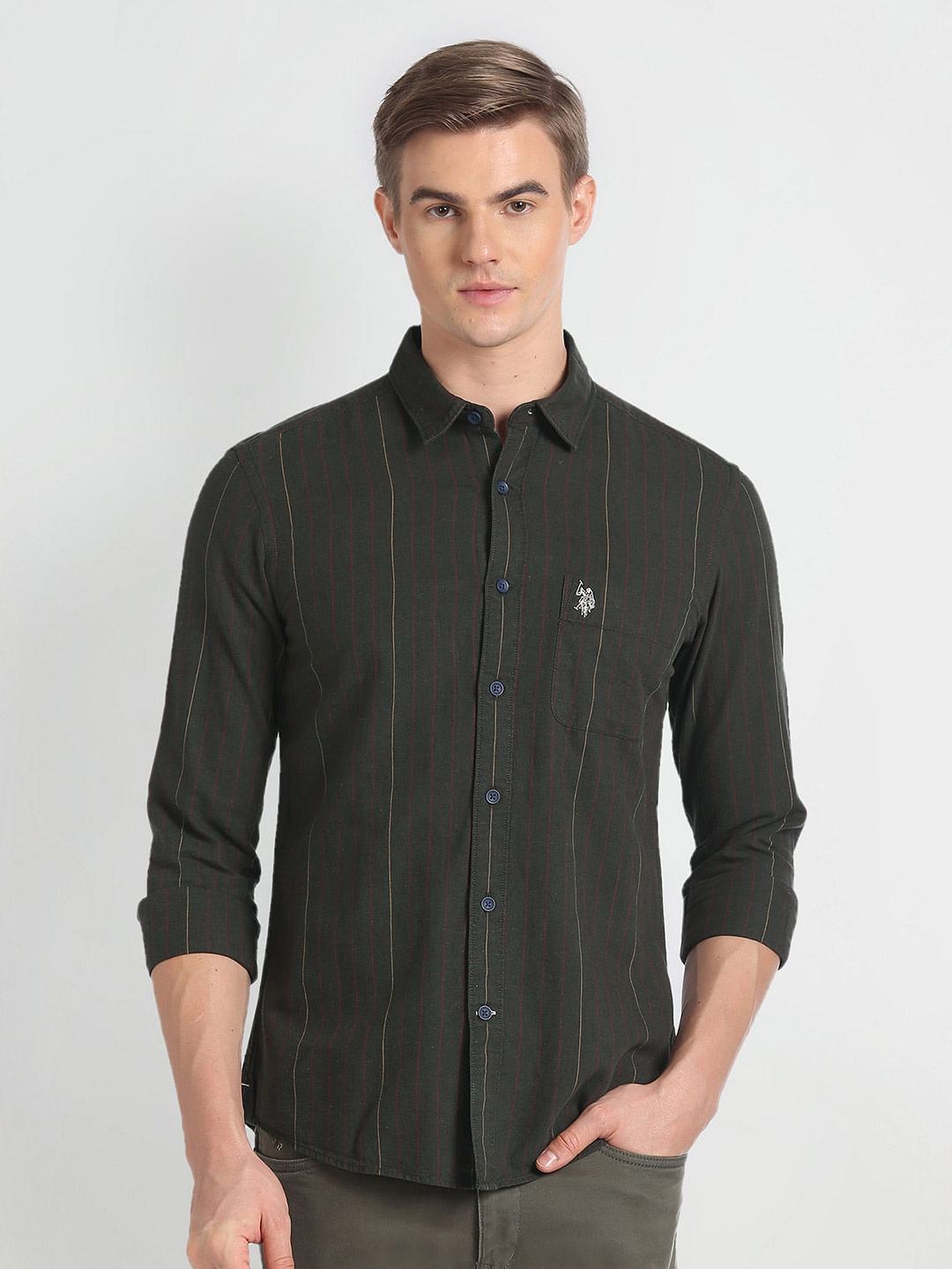 

U.S. Polo Assn. Denim Co. Slim Fit Vertical Striped Casual Shirt, Olive