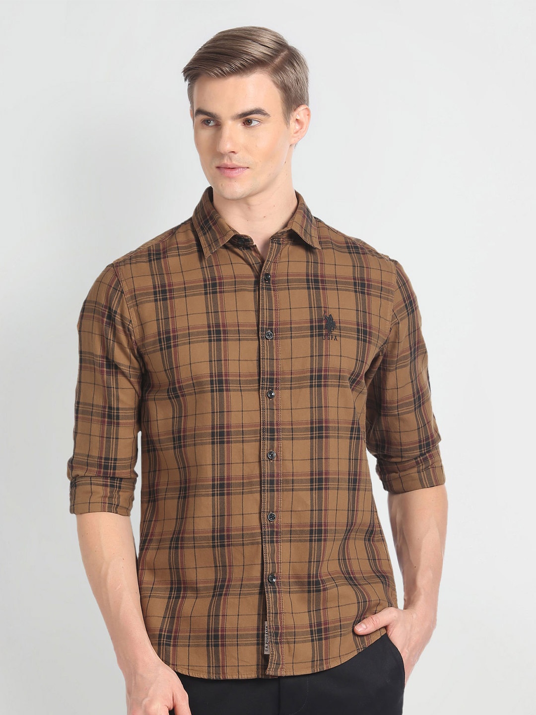 

U.S. Polo Assn. Denim Co. Slim Fit Tartan Checked Cotton Casual Shirt, Brown