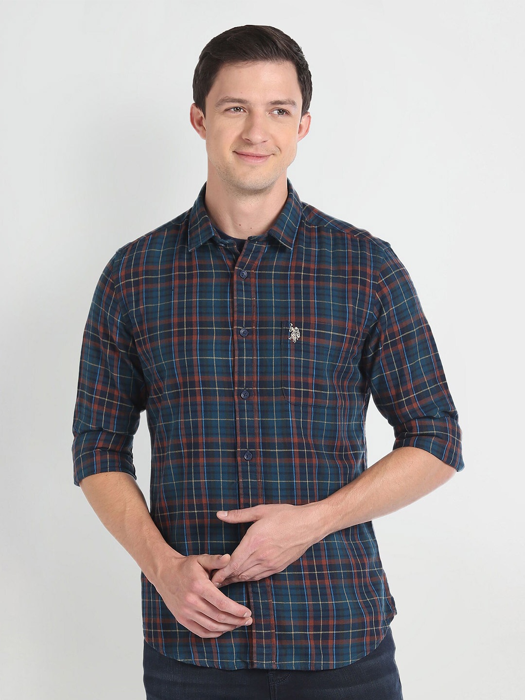

U.S. Polo Assn. Denim Co. Slim Fit Tartan Checked Cotton Casual Shirt, Blue