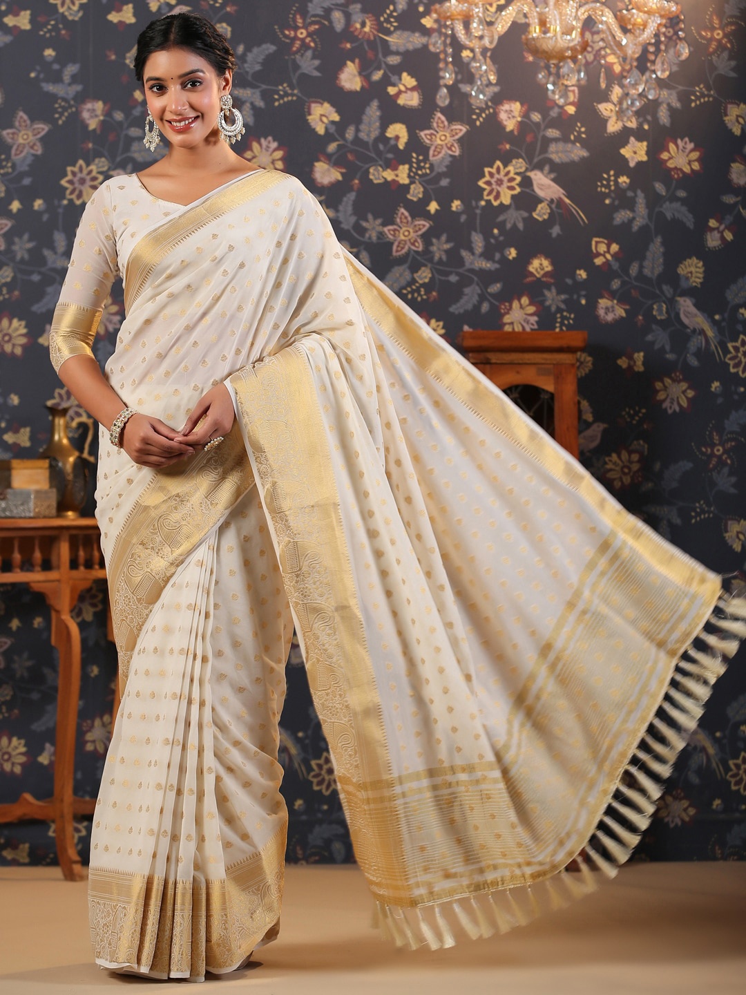 

House of Pataudi Ethnic Woven Design Zari Pure Georgette Saree, Off white