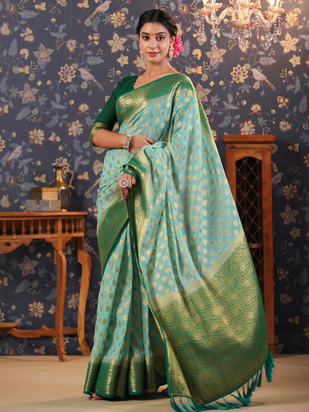 

House of Pataudi Ethnic Motifs Woven Design Zari Pure Georgette Saree, Blue