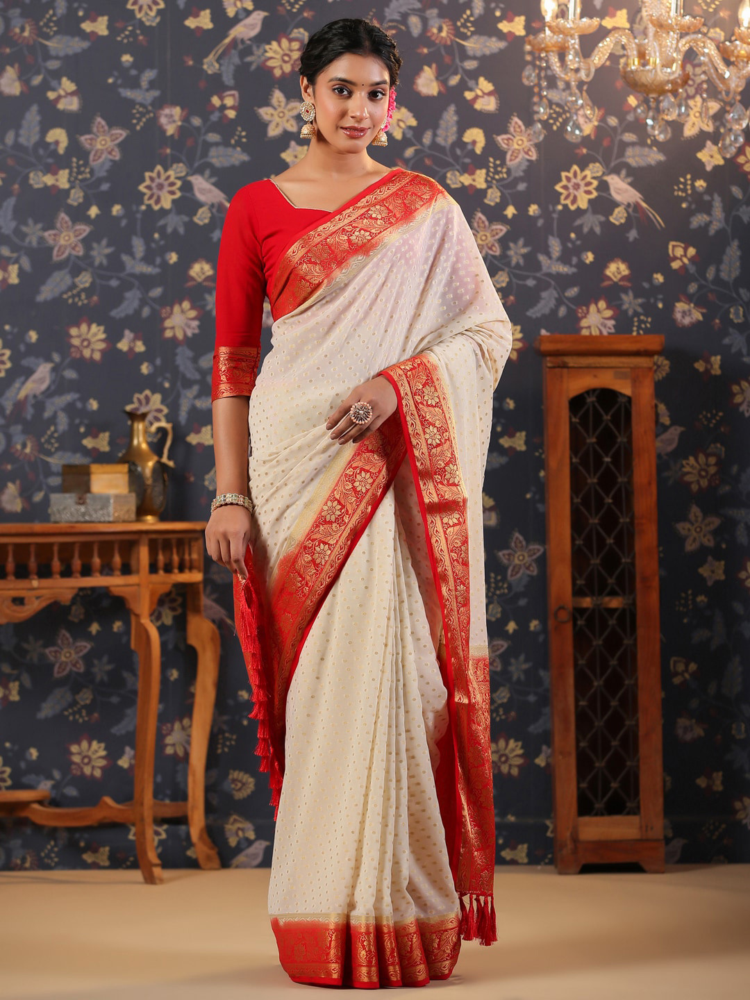 

House of Pataudi Ethnic Woven Design Zari Pure Georgette Saree, Off white