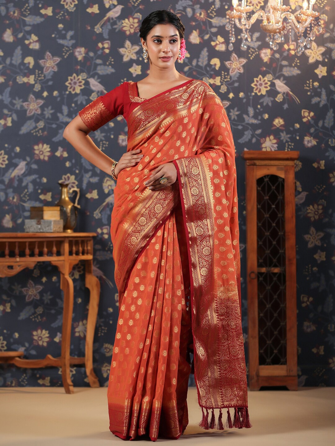 

House of Pataudi Ethnic Motifs Woven Design Zari Pure Georgette Saree, Rust