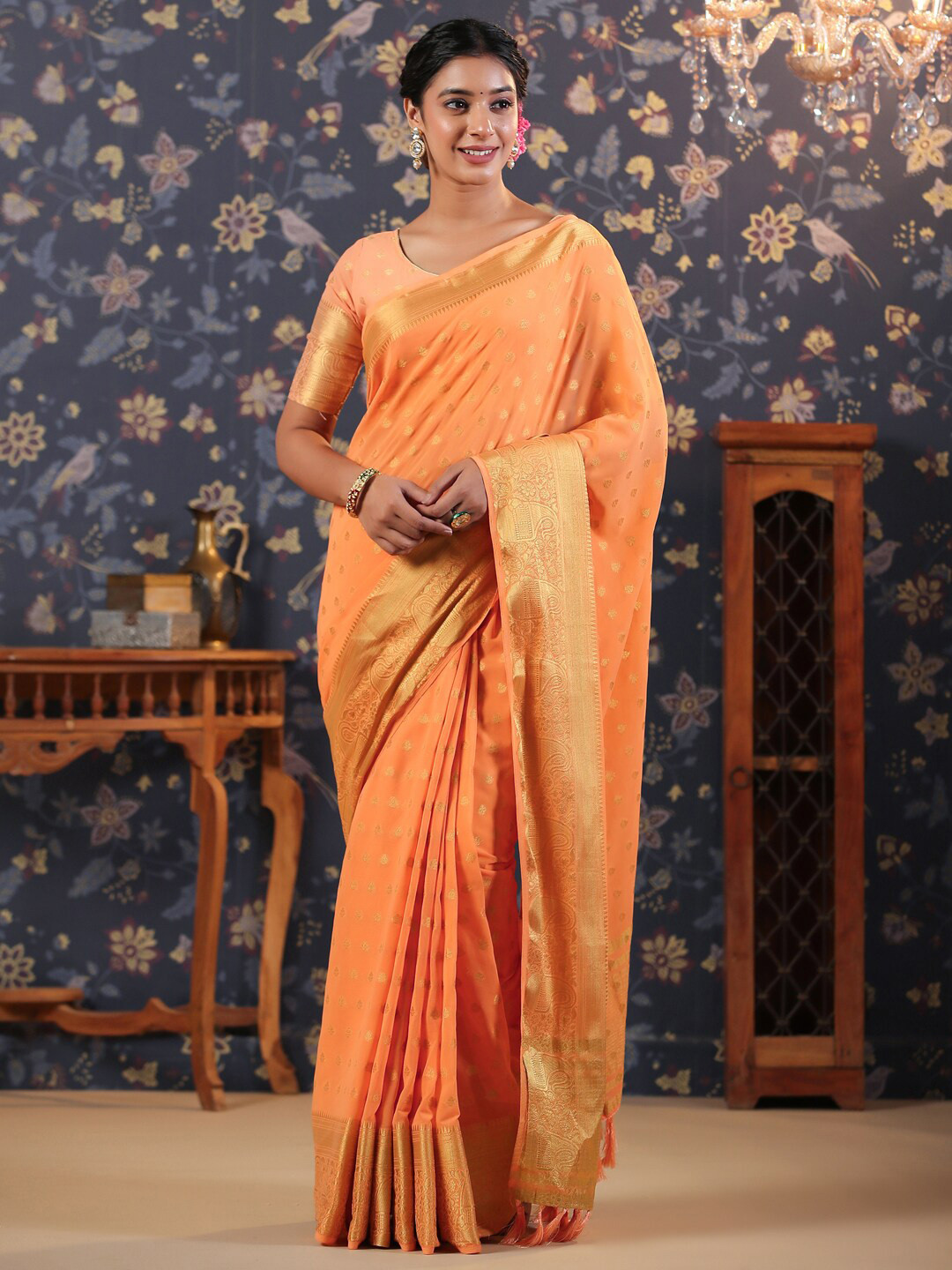 

House of Pataudi Ethnic Woven Design Zari Pure Georgette Saree, Peach