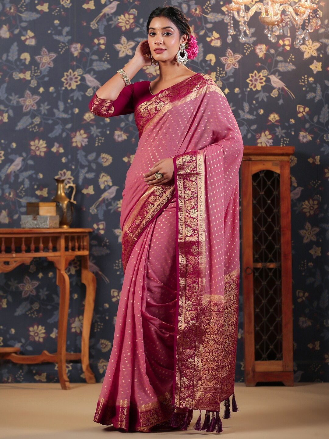 

House of Pataudi Ethnic Woven Design Zari Pure Georgette Saree, Pink