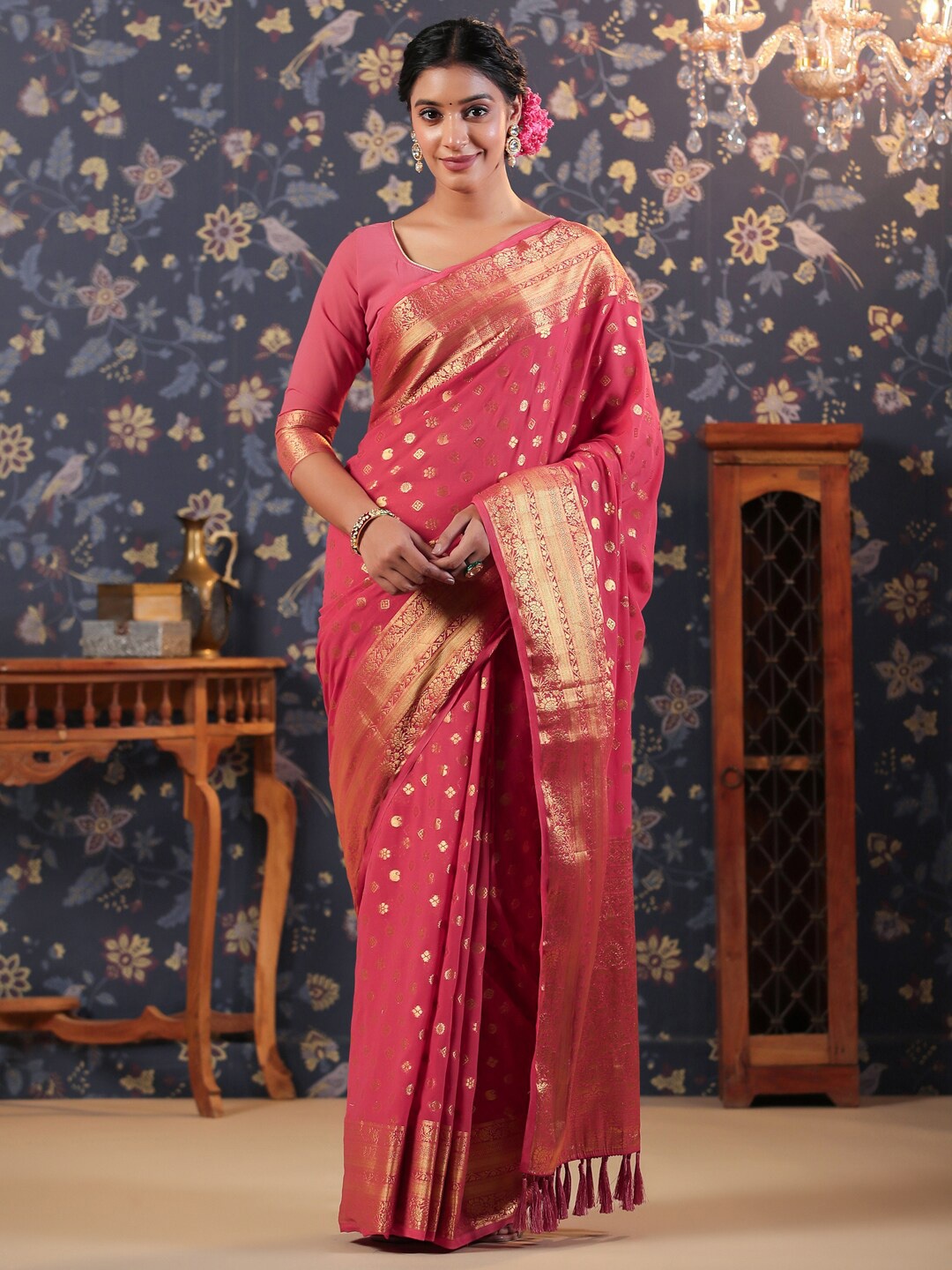 

House of Pataudi Ethnic Motifs Woven Designed Pure Georgette Saree, Pink
