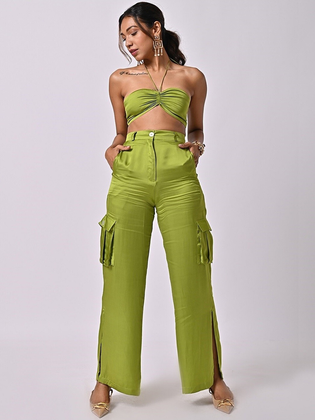 

MISSY Women Relaxed Straight Leg Straight Fit High-Rise Trousers, Green