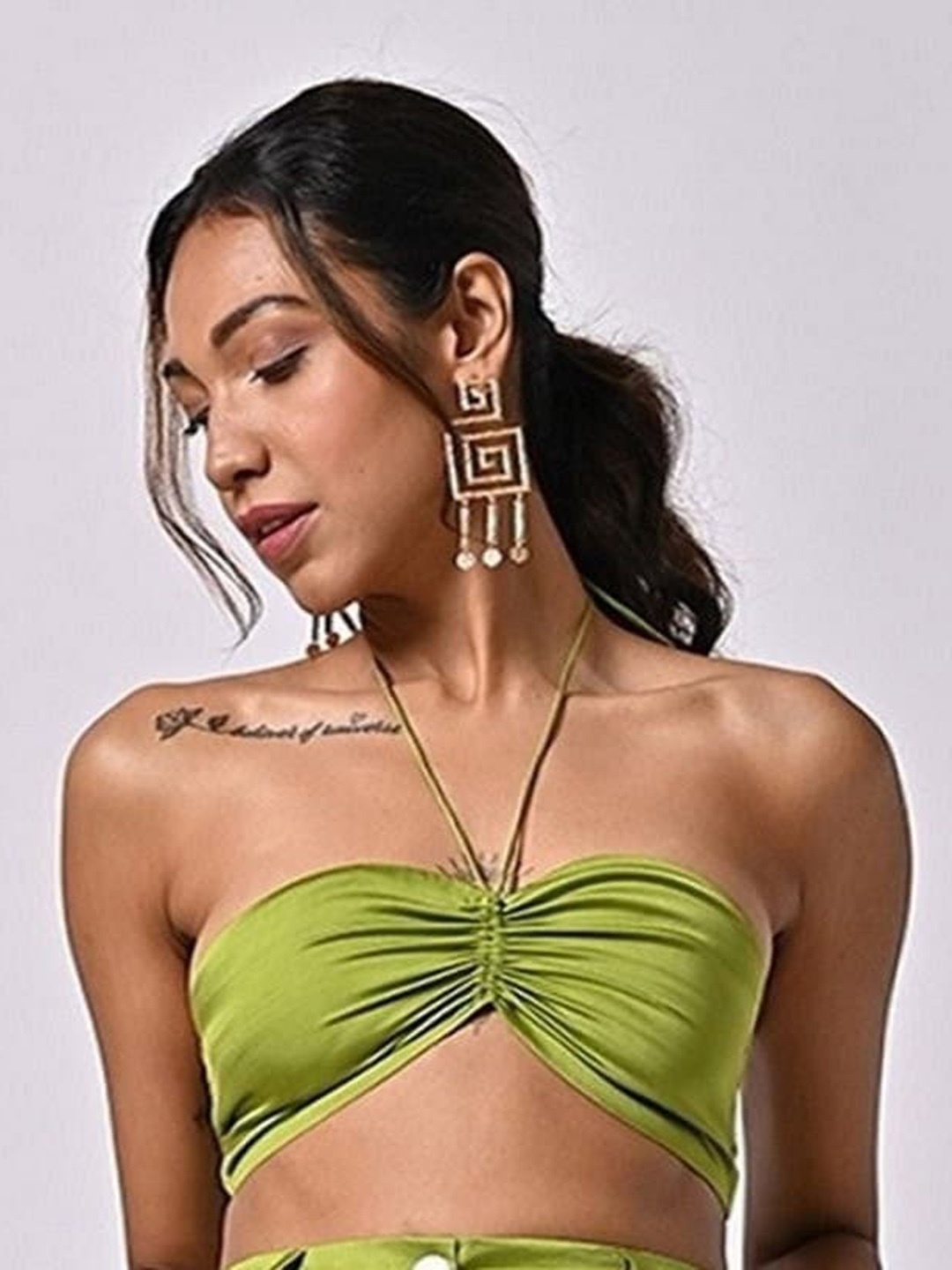 

MISSY Halter Neck Gathered Detail Satin Bralette Top, Green
