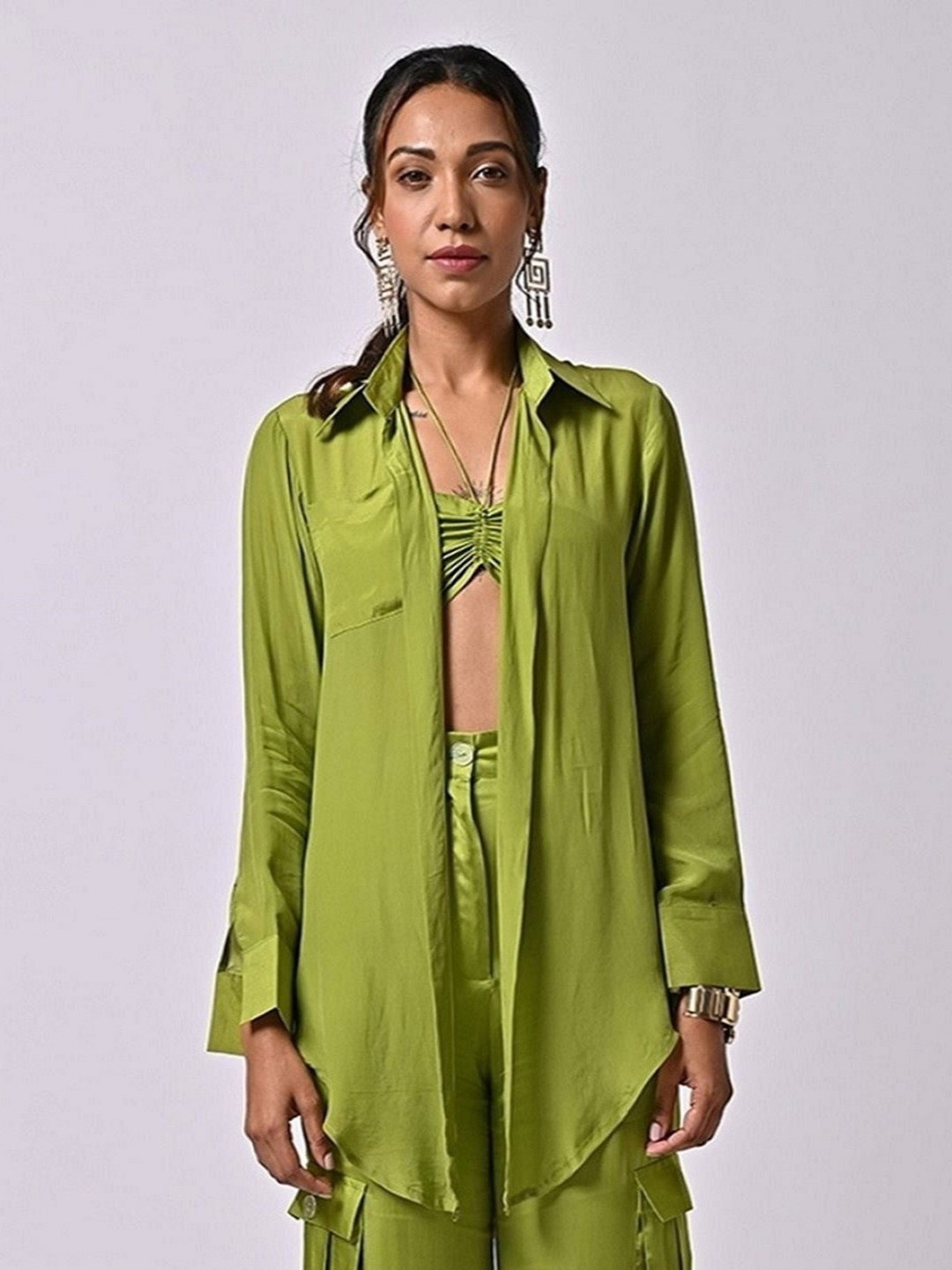 

MISSY Satin Relaxed Opaque Oversized Casual Shirt, Green