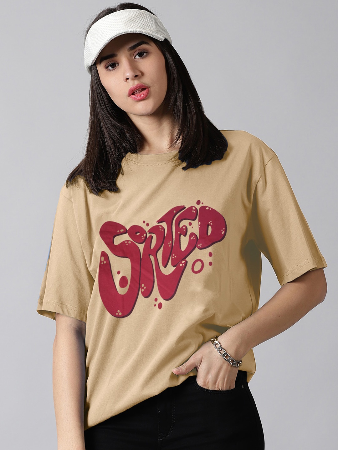 

Rodzen Typography Printed Oversized Cotton T-shirt, Cream
